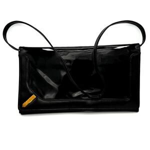VTG Black Patent Leather Clutch Shoulder Bag 70s 80s Accordion Purse